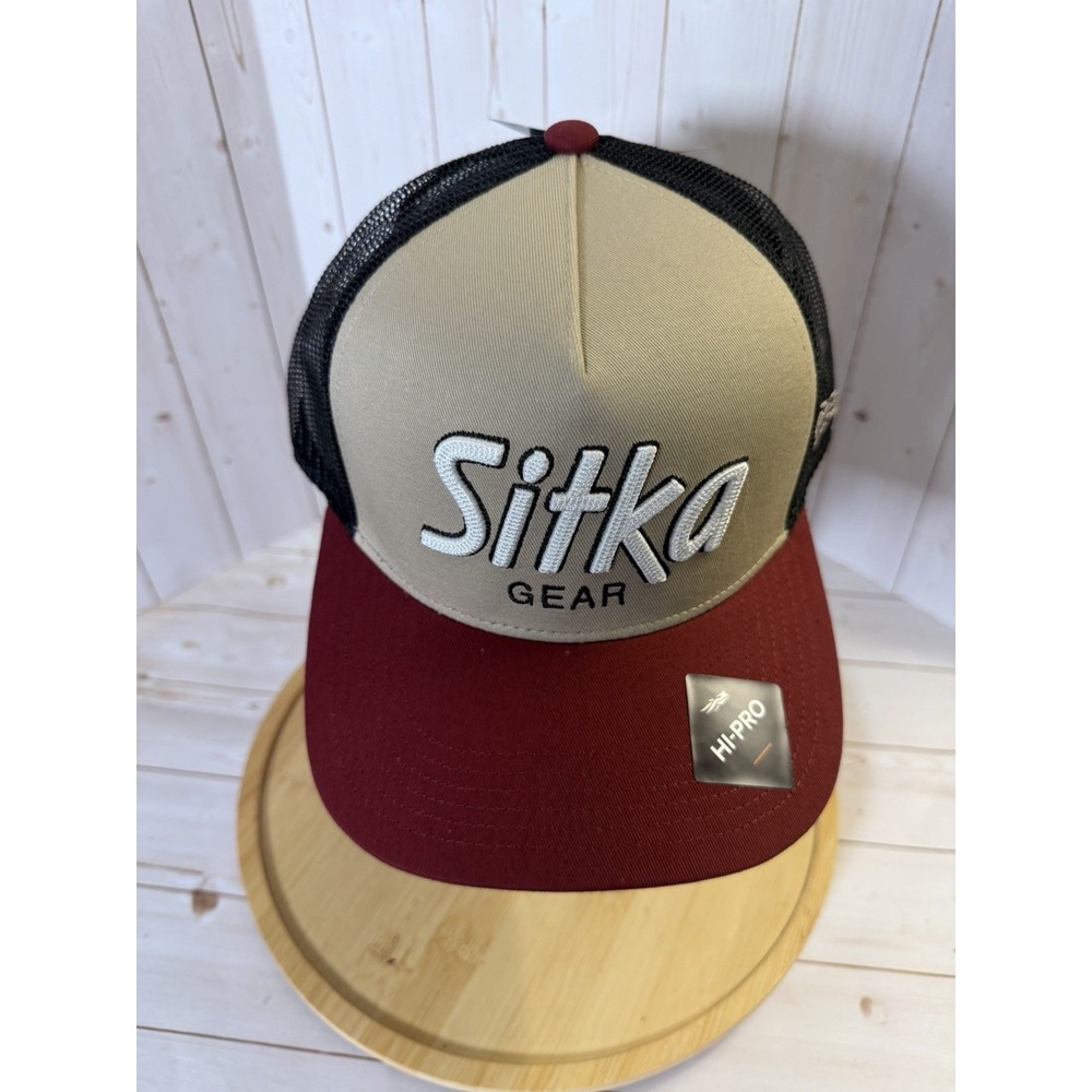 Sitka Men's 90's Retro Script Hi Pro Trucker Hat Dark Red Beige Snapback Cap NWT